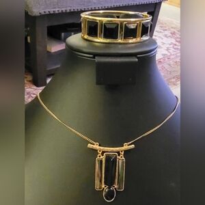 Gold-Tone Necklace with Black Stone Accent And Cuff Bracelet